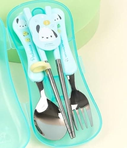 Cute Fork, Spoon, and Chopsticks Flatware Set with Case, Stainless Steel (Green) thumbnail 2