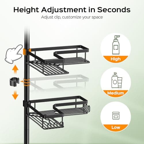 HAMITOR Shower Caddy Tension Pole: 4-Tier Corner Rustproof Bathroom Organizer with Soap Holder & Hooks - No-Drill Adjustable Shower Shelf for Renters - Family Stand Storage Rack - 47-123 Inch Black thumbnail 4