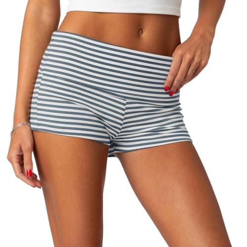 ONLYSTORY Women's Shorts Y2k Low Waist Fold Over Micro Shorts Going Out Lounge Pj Yoga Workout Mini Short(Blue White Stripe,XL) - Image 1
