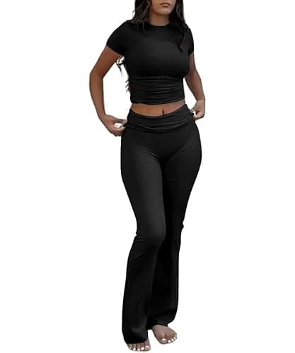 COPYLEAF Two Piece Lounge Sets for Women Fold Over Flare Pants Short Sleeve Crop Top Y2k Outfits Matching Set Tracksuit - Image 1