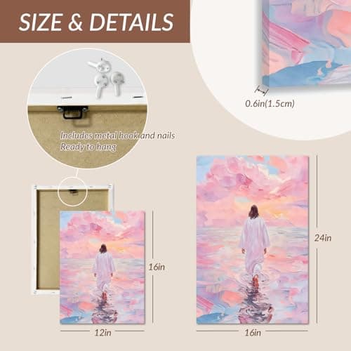 FASWQ Framed Jesus Wall Art, Pink Jesus Walking On Water Wall Decor, Minimalist Religious Savior Canvas Painting, Modern Christian Bible Aesthetic Picture for Church Hospital Prayer Areas, 16x24 Inch thumbnail 7