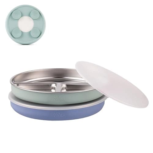 Vihaan - Elk and Friends Stainless Steel Divided Plates with Silicone Sleeve for Babies & Toddlers | Lids Included | Stay Put Suction | Dinner & Snack Plates | 2 Pack - Image 1