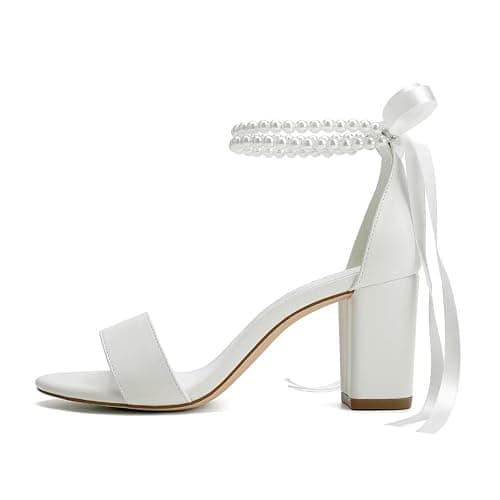 YWXYMGE Block Heel Wedding Shoes for Bride Women Chunky Heeled Sandals Pearl Bridal Shoes thumbnail 3