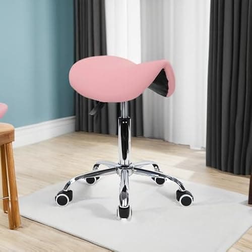 KKTONER Rolling Saddle Stool PU Leather Swivel Adjustable Rolling Stool with Wheels Salon Chair (Pink) thumbnail 5