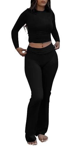 AYWA Women's 2 Piece Outfits Foldover Flare Pants Long Sleeve Crew Neck T-shirt Fitted Pajama Sets - Image 1