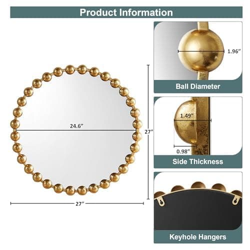 Madison Park Round Mirror, Metal Frame Circle Mirror 27 inch, Wall Art Decor Mounted Hanging for Entryway, Bathroom, hallway, Living Room, Vanity, Marlowe, Gold thumbnail 6