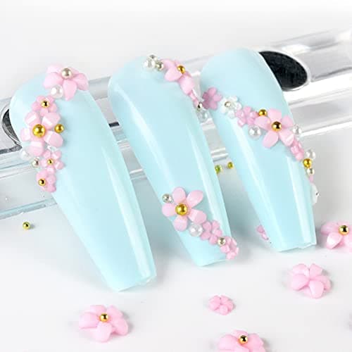 3D Flower Caviar Beads Nail Art Decals Charms for Nails, White Pink 3D Acrylic Flower Nail Charms with Pearl Golden Caviar Beads for Women DIY Manicures Salon Accessories thumbnail 5