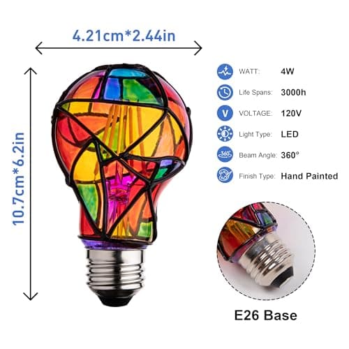 CybaaLuxzus Stained Glass Light Bulb,Rainbow Painted Light Bulb,Mosaic Light Bulb,4W 120V,Multi Colored Colorful Light Bulb Indoor,Fun Romantic Light Bulbs,Unique Decorative Light Bulbs thumbnail 2