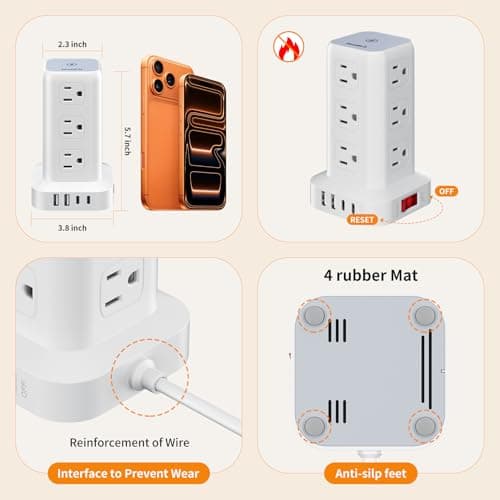 Extension Cord with Multiple Outlets, SMALLRT Surge Protector Power Strip Tower, Outlet Extender with 12 AC Outlets 4 USB, 6.5FT Extension Cord for Home Dorm Room, Office Supplies,Overload Protection thumbnail 9
