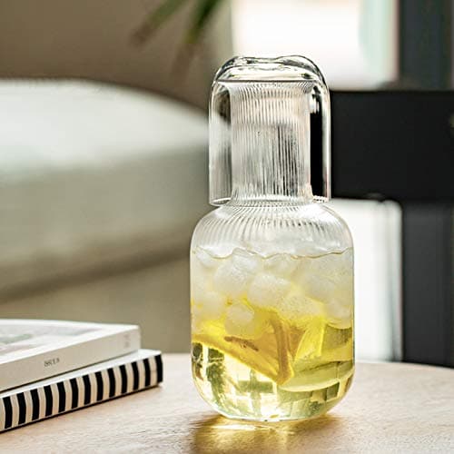 Sizikato 25 Oz Vertical Stripes Clear Glass Bedside Night Water Carafe with Tumbler Glass. thumbnail 5