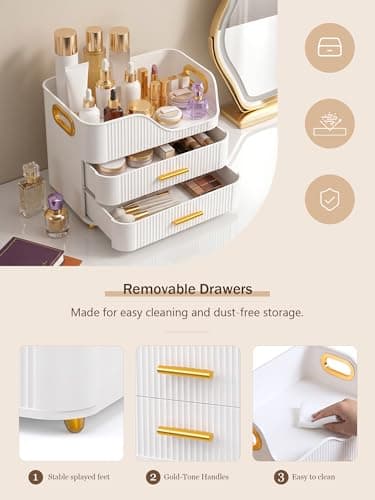 Booklov Countertop Makeup Organizer with Drawers, 3 Tier Large Cosmetic Storage Box for Vanity, Bathroom Counter, Dresser, Skincare Display Case for Lipsticks, Beauty Palettes, Teen Girl Gifts, White thumbnail 3