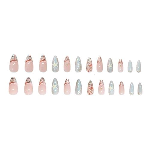 Mkwntg 24Pcs Starfish Press on Nails Medium Almond Fake Nails with 3D Star Pearl Shell Design Colorful French Tip Acrylic False Nails Silver Glitter Blue Ombre Glue on Nails for Women Summer Manicure thumbnail 5