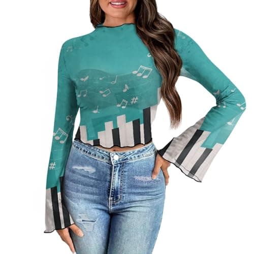 POLERO Musical Note Piano Tops for Music Lovers Teachers Womens Sheer Tops Bell Long Sleeve Mock Neck Crop Shirts Size XL thumbnail 3