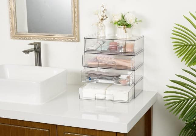 Vtopmart 12.1''W Clear Stackable Storage Drawers,3 Pack Acrylic Plastic Organizers Bins for Makeup Palettes, Cosmetics, and Beauty Supplies,Ideal for Vanity, Bathroom,Cabinet,Desk Organization thumbnail 5