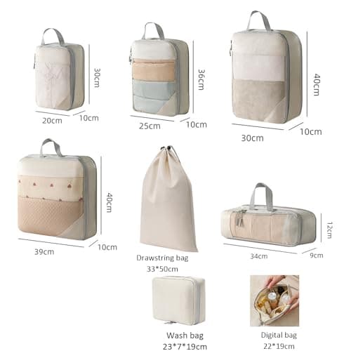 Lanmalaterra 8pcs Compression Packing Cubes Travel Packing Cubes Packing Organisers Storage Bags Clothing Sorting Packages Travel Acessories Essentials Expandable uggage-Beige thumbnail 3