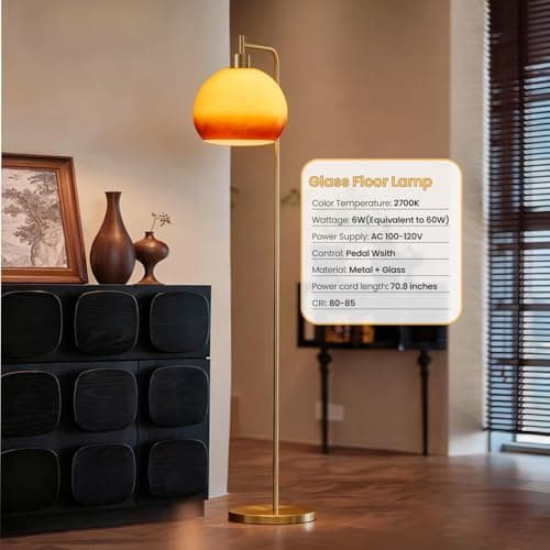 URLIGHTS Glass Floor Lamp,67" Modern Standing Lamp with Sunset Grapefruit Glass Lampshade Metal Pole for Living Room, Bedroom, Office - Heavy Base,Pedal Switch (Include Bulb)(Gradient) thumbnail 6