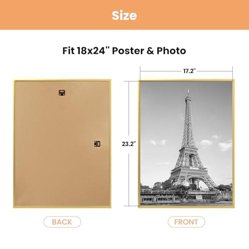 upsimples 18x24 Picture Frame Gold 3 Pack, Scratch-Proof Poster Frames 18 x 24 for Photo Gallery - Slide-In Strips, Horizontal or Vertical Wall Mounting thumbnail 5