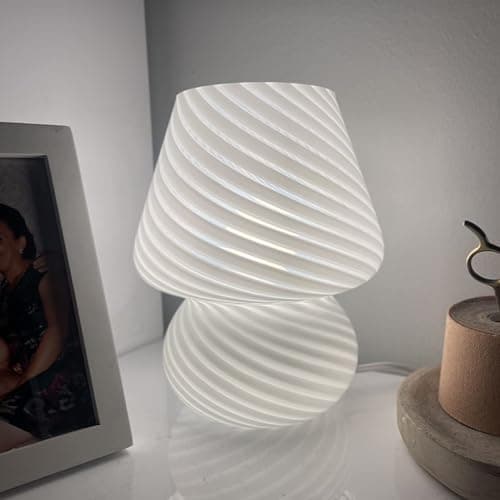 Clora Mushroom Lamp Glass Table Bedside Lamps Translucent Vintage Style Striped Night Light Home Decor (White) - Image 1