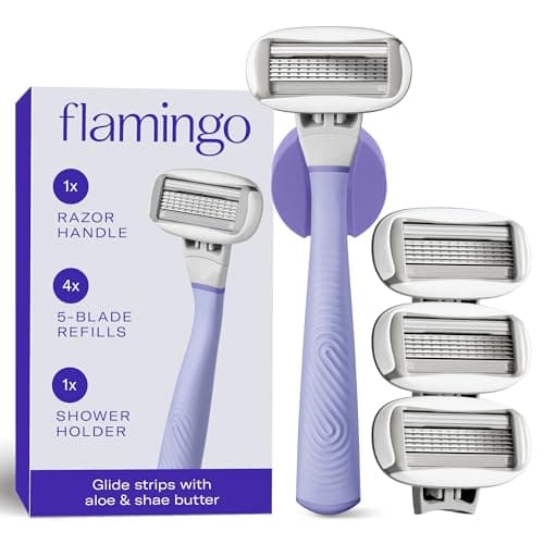 Flamingo Shaving Razor Set for Women - Original Razor Handle, 4 Blade Refills, and Shower Holder - Lilac - Image 1