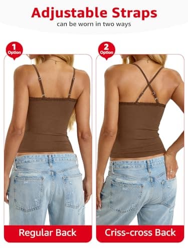 EasyGala Womens Cotton Lace Camisole Scoop Neck Sexy Cami Top Adjustable Strap Going Out Tops Y2K Summer Clothes Trendy Slim Fit Shirt Low Cut Fashion Sleeveless Tank Tops 2025 Brown S thumbnail 3