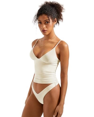 SUUKSESS Women Sexy Deep V Neck Sleeveless Fitted Basic Tops Y2K Going Out Crop Tank Top Camisole (Ivory Cream White,M) thumbnail 4