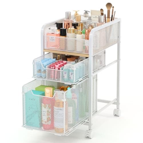 Hongtamoya Rolling Makeup Cart Organizer with 2 Drawers, Narrow Floor Skincare Organizers, Vanity Organizer Cosmetics Display Cases Holder for Skin Care Nail Polish Perfume Makeup Brush, White thumbnail 9