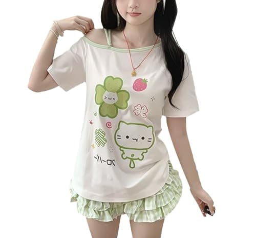 Womens Y2K Off Shoulder Kawaii T-Shirt Suit Hrajuku Plaid Ruffled Lace Pumpkin Short Pants Cute Cat Graphic Tops - Image 1