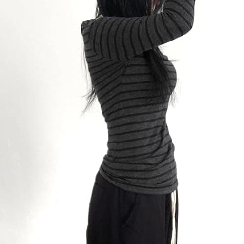 Womens Long Sleeve Grunge Aesthetic Shirts Striped Off Shoulder Tops Teen Girls Alt Emo Goth Streetwear Y2k Clothes thumbnail 2