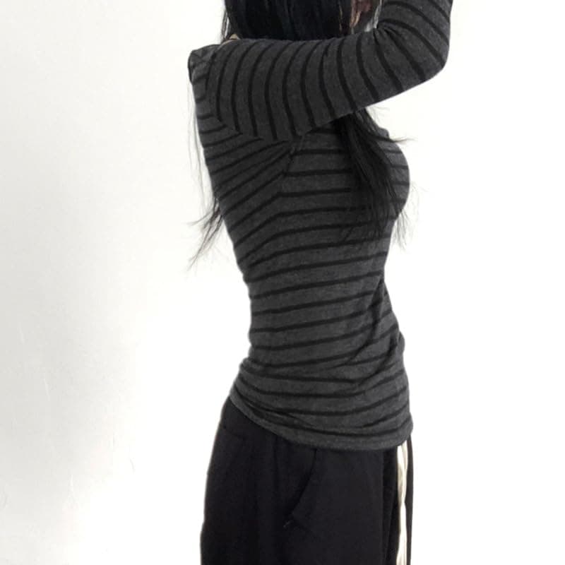 Women's Long Sleeve Grunge Aesthetic Shirts Striped Off Shoulder Tops Teen Girls Alt Emo Gothic Streetwear Y2k Clothing thumbnail 2