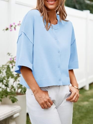 Cicy Bell Womens Half Sleeve Cardigan Sweaters Cropped Button Down Tops Oversized Lightweight Ribbed Knit Summer Outfits Sky Blue thumbnail 3