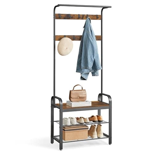 VASAGLE Coat Rack, Hall Tree with Shoe Bench for Entryway, Entryway Bench with Coat Rack, 4-in-1, Rustic Brown and Black UHSR40B - Image 1