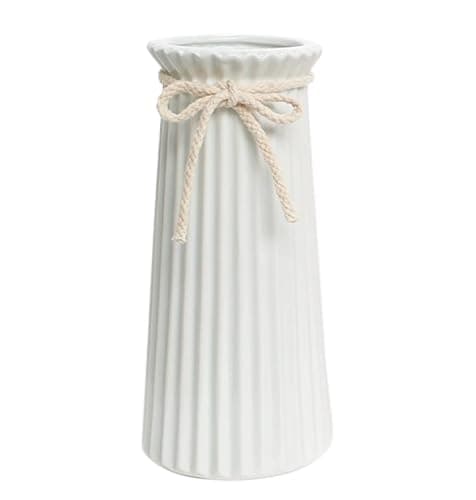 White Ceramic Ribbed Vases for Minimalist Modern Home Decor, Decorative Flowers Vase for Wedding Dinner Table Office Bedroom - 8 Inch / 20 CM - Image 1