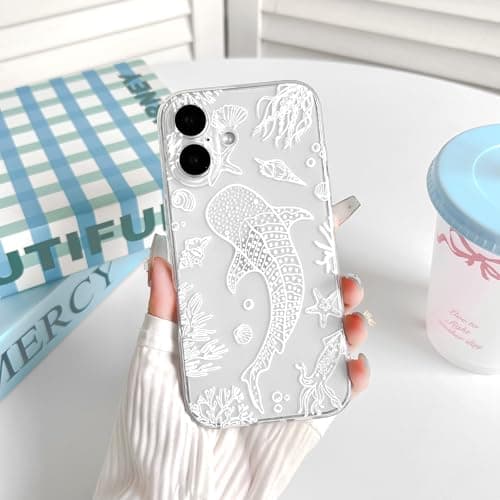 NITITOP Compatible with iPhone 17 Case Clear Cute Shell Whale Sea Ocean Animal Pattern for Women Girls Full Camera Lens Slim Shockproof Protective Phone Cover - White Fish thumbnail 4