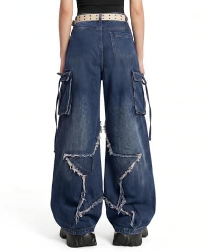 Hugboom Women's Baggy Jeans Star Cargo Pants with Pockets Wide Leg Denim Jeans Y2k for Women Girls Cute Streetwear Blue M thumbnail 4