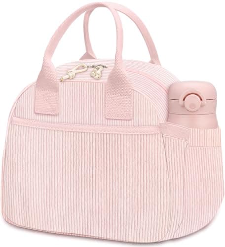 CetyVoyie Insulated Lunch Bag for Women, Reusable Lunch Box Cute Corduroy Lunch Tote Large Capacity Cooler Bags for Work Picnic(PP Pink) - Image 1