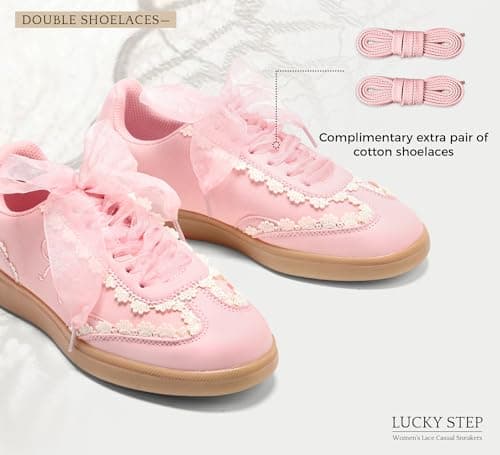 LUCKY STEP Women’s Lace Detail Casual Sneakers Organza Ribbon Lace-Up Fashion Vintage Gum Sole Trendy Cute Shoes(Pink,8) thumbnail 5