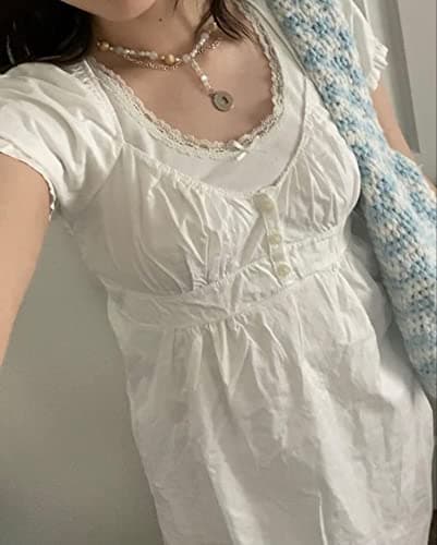 Women Y2k Gingham Top Lace Trim Scoop Neck Short Sleeve Tees Ruffle Hem Aesthetic Shirt Coquette Clothes - White - Small thumbnail 3