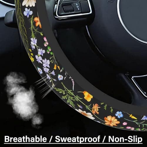 Car Steering Wheel Cover for Women Men, Non-Slip Breathable Steering Wheel, Wildflower Steering Wheel Protector, Car Accessories, Universal 14" 02/2-15" Fit Auto, Suvs thumbnail 4