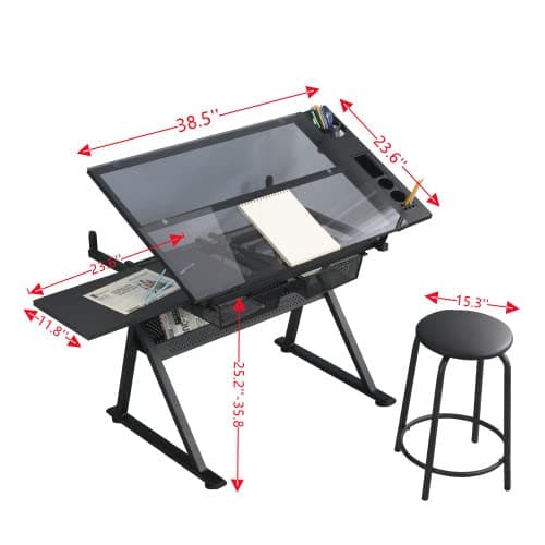 Landpink Glass Drafting Table Art Desk – Adjustable Professhional Artwork Drawing Drafting Table Desk, Glass-Topped Art Table for Craft Station Studio Home Office School w/Drawers (Black) thumbnail 2