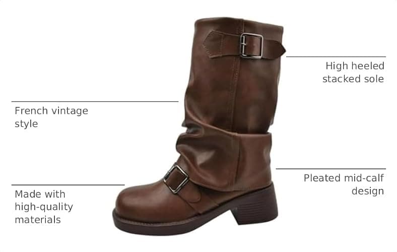WUNAMOX Winter Boots for Women French Vintage Western High Heeled Stacked Pleated Mid Calf thumbnail 3