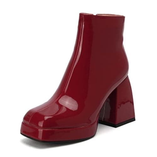 CoceMoce Women’s Stylish Thick Chunky High Heel Platform Ankle Booties Square Toe Side Zip Short Boots Autumn Winter Leather Dress Shoes Ballroom Evening Party Dating - Image 1
