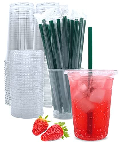 16 oz Clear Plastic Cups with Lids and Straws, Disposable Coffee Cups 25 Sets - Image 1