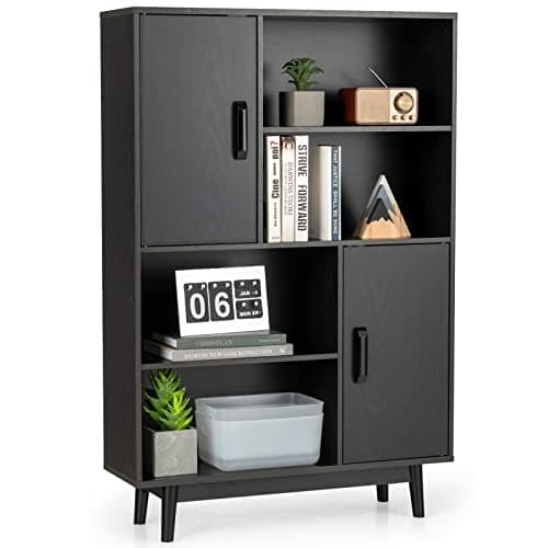 Giantex Storage Cabinet with Legs, Floor Cabinet with Doors, Shelves, Anti-Tipping Device, 4-Tier Bookshelf for Books & Photos, Tall Cupboard in Bedroom, Living Room, Kitchen Buffet Sideboard (Black)