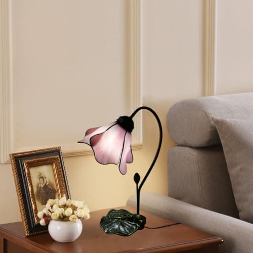 VirtueKing Tiffany Table Lamp Pink Lotus Stained Glass Lamp 8" Wide 14" Tall Bedside Table Light Desk Lamps Vintage Reading Lamp with Color Changing LED Bulb thumbnail 7