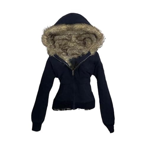GGOOB Women's Y2k Faux Fur Hood Zip Up Hoodie Teen Girls Cute Winter Crop Coats Y2k Emo 2000s Fitted Hem Hoodies thumbnail 5