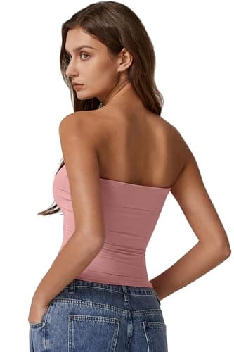QINSEN Womens Y2k Off Shoulder Tops Double Lined Strapless Tube Top Going Out Bandeau Crop Tops Pink M thumbnail 2