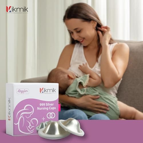 KIKMIK The Original Silver Nursing Cups with O-Feel Rings - 999 Silver Nipple Shields for Newborn Essentials - Reusable Nipple Covers for Breastfeeding Pain Relief & Protection - Regular thumbnail 2