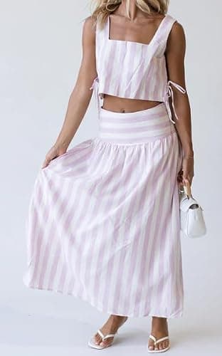 Melliflo Womens Summer 2 Piece Outfits Striped Skirt Linen Sets Sleeveless Crop Tops Maxi Skirt Set Matching Travel Outfits thumbnail 2