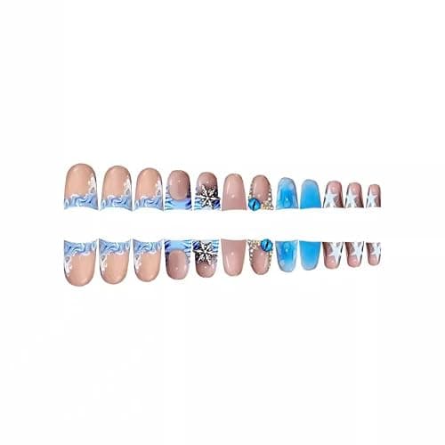 Blue Duck Nail Press ons Star Fake Nails Water Drop with Design Spindrift Glue on Nails French Tip Press on Nails Glossy Artificial Acrylic Nail Eye Rhinestone Stick on Nail for Women Manicure 24Pcs thumbnail 5