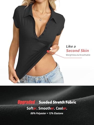Eachyes Womens Polo Short Sleeve Shirts Golf Collared Summer Tops Tight Business Casual Outfits Sexy V Neck Tee Cap Sleeve Button Down T Shirts Work Going Out Clothes 2026 Black Medium thumbnail 5